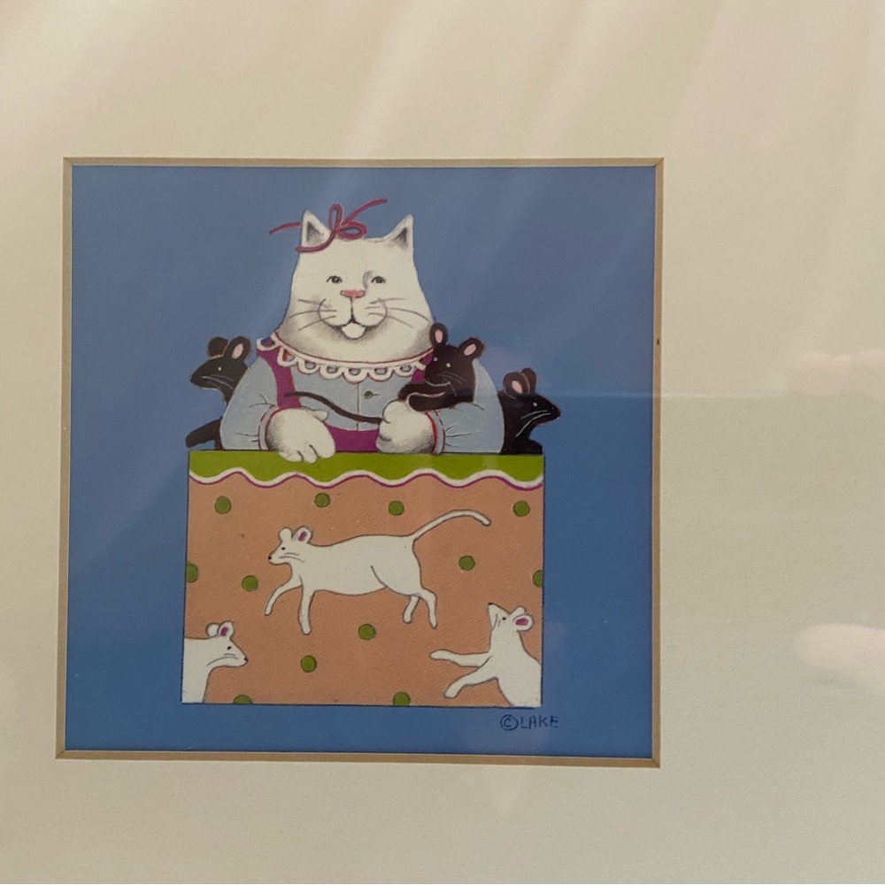 Mary Lake Thompson Framed Print, cat and mouse theme, 10” x 10” Framed‎